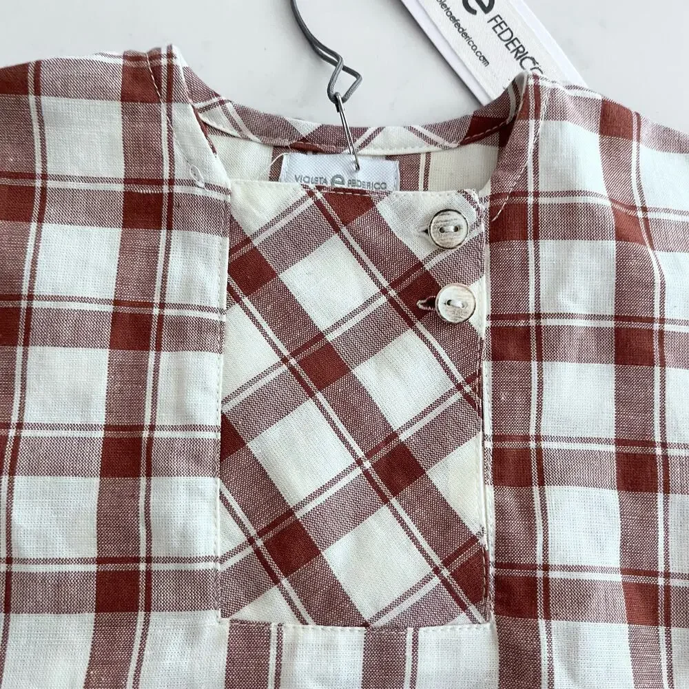 Violeta E Federico Boys Brown Plaid Linen Blend Shirt Size 3 NWT European